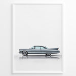 Indlæs billede til gallerivisning Side profile illustration of a classic blue vintage coupe in a minimalist framed poster.
