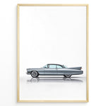 Indlæs billede til gallerivisning Side profile illustration of a classic blue vintage coupe in a minimalist framed poster.
