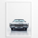 Indlæs billede til gallerivisning Front-facing illustration of a classic white vintage convertible car in a minimalist framed poster.
