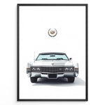 Indlæs billede til gallerivisning Front-facing illustration of a white classic convertible car with an emblem above in a minimalist framed poster.
