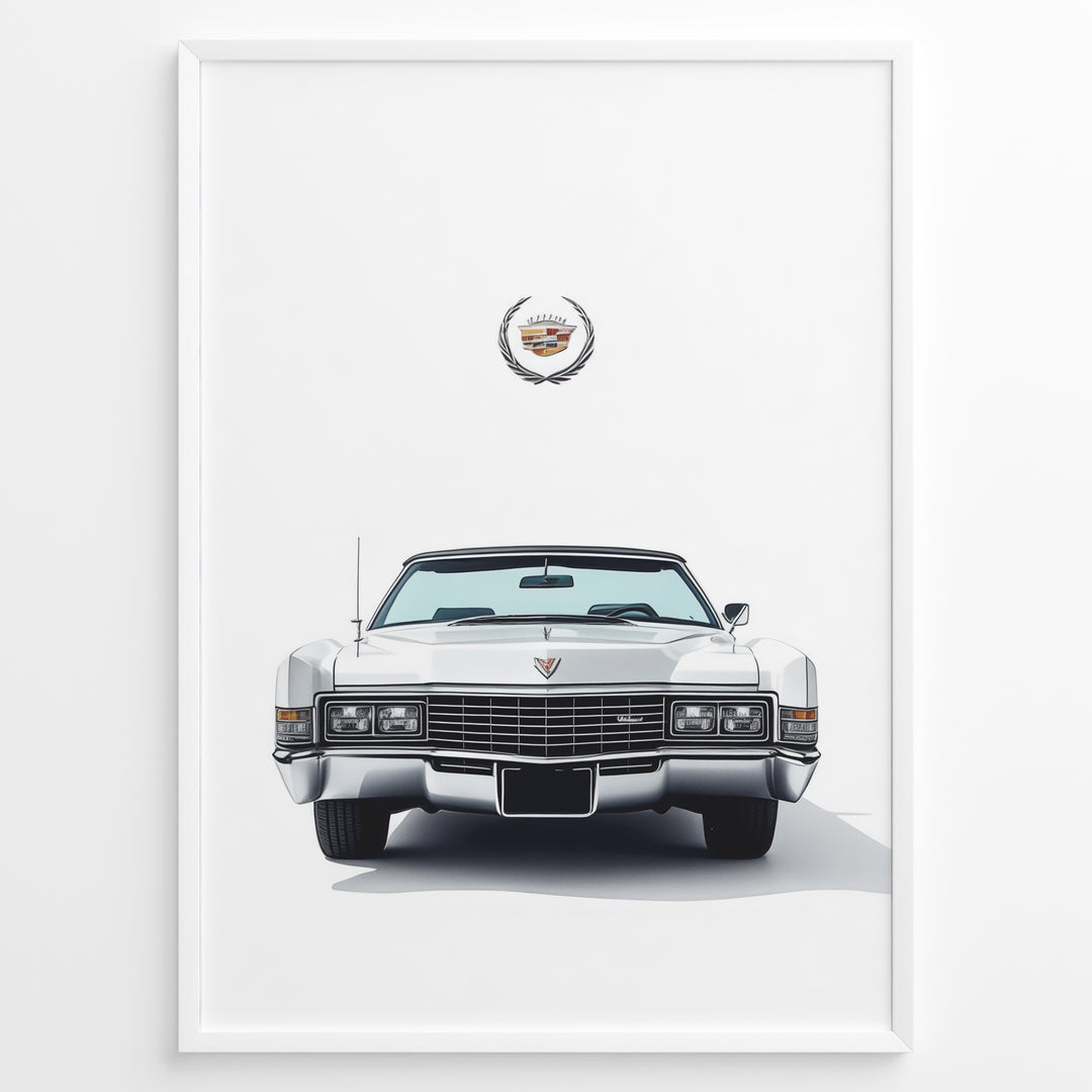 Front-facing illustration of a white classic convertible car with an emblem above in a minimalist framed poster.