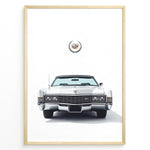 Indlæs billede til gallerivisning Front-facing illustration of a white classic convertible car with an emblem above in a minimalist framed poster.
