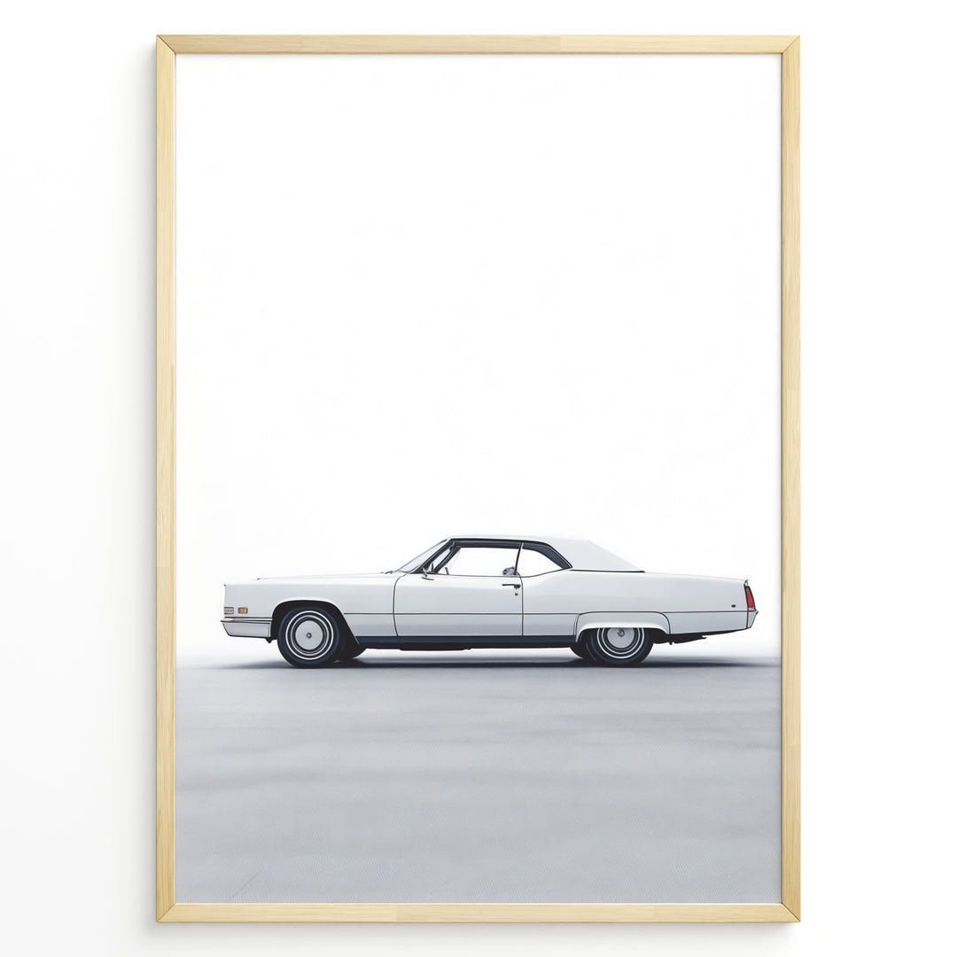 Side profile illustration of a classic white convertible car in a minimalist framed poster.