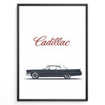 Indlæs billede til gallerivisning Minimalist side profile illustration of a classic Cadillac car with “Cadillac” text above in a framed poster.
