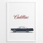 Indlæs billede til gallerivisning Minimalist side profile illustration of a classic Cadillac car with “Cadillac” text above in a framed poster.
