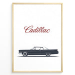 Indlæs billede til gallerivisning Minimalist side profile illustration of a classic Cadillac car with “Cadillac” text above in a framed poster.
