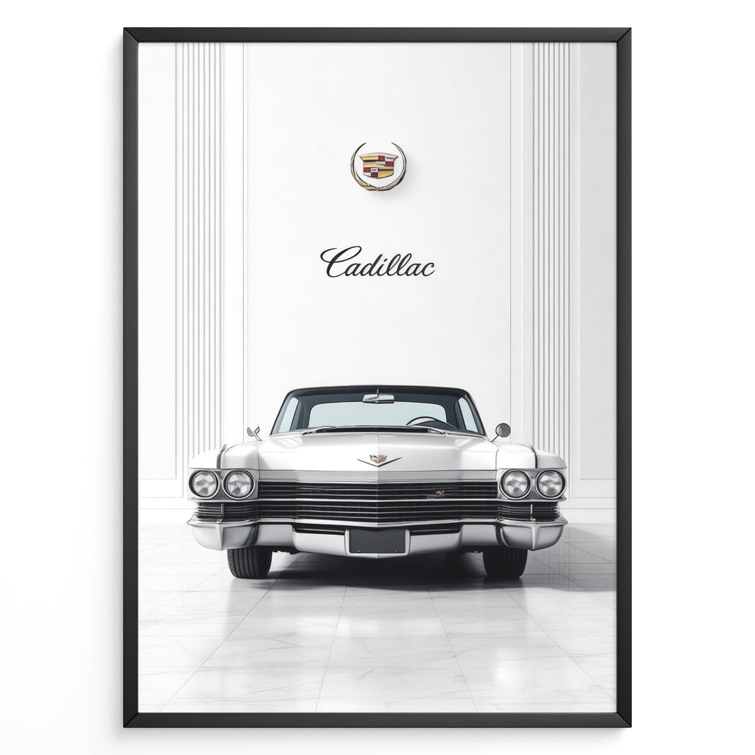 Front-view illustration of a classic Cadillac car set in an elegant interior with Cadillac emblem above.
