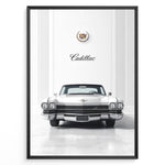Indlæs billede til gallerivisning Front-view illustration of a classic Cadillac car set in an elegant interior with Cadillac emblem above.

