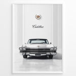 Indlæs billede til gallerivisning Front-view illustration of a classic Cadillac car set in an elegant interior with Cadillac emblem above.
