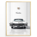 Indlæs billede til gallerivisning Front-view illustration of a classic Cadillac car set in an elegant interior with Cadillac emblem above.

