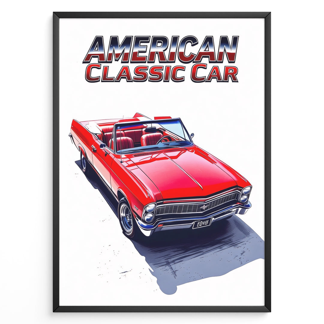 Illustration of a red American classic convertible car with “American Classic Car” text above in a framed poster.