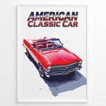Indlæs billede til gallerivisning Illustration of a red American classic convertible car with “American Classic Car” text above in a framed poster.
