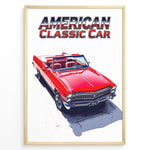 Indlæs billede til gallerivisning Illustration of a red American classic convertible car with “American Classic Car” text above in a framed poster.
