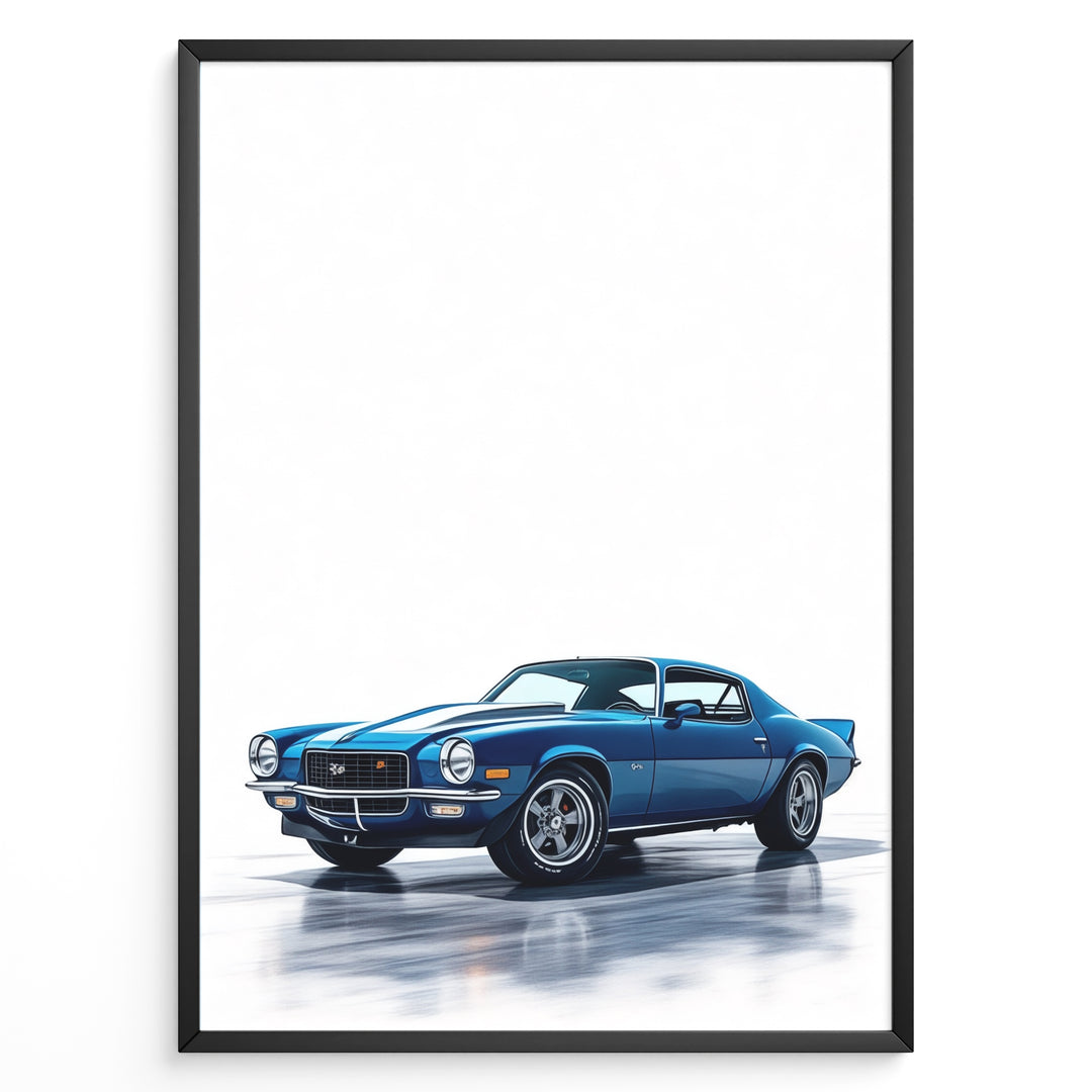 Illustration of a blue classic muscle car with dual white stripes in a minimalist framed poster.