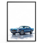 Indlæs billede til gallerivisning Illustration of a blue classic muscle car with dual white stripes in a minimalist framed poster.
