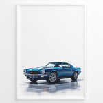 Indlæs billede til gallerivisning Illustration of a blue classic muscle car with dual white stripes in a minimalist framed poster.
