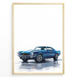 Indlæs billede til gallerivisning Illustration of a blue classic muscle car with dual white stripes in a minimalist framed poster.
