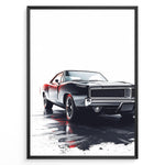 Indlæs billede til gallerivisning Illustration of a black classic muscle car with dramatic lighting in a minimalist framed poster.
