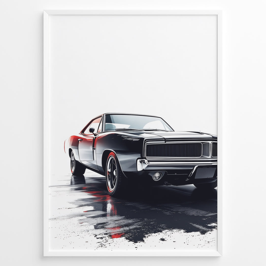 Illustration of a black classic muscle car with dramatic lighting in a minimalist framed poster.