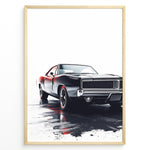 Indlæs billede til gallerivisning Illustration of a black classic muscle car with dramatic lighting in a minimalist framed poster.
