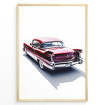 Indlæs billede til gallerivisning Rear-view illustration of a classic red vintage car in a minimalist framed poster.
