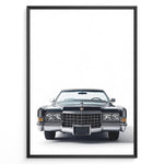 Indlæs billede til gallerivisning Front-facing illustration of a classic black vintage convertible car in a minimalist framed poster.

