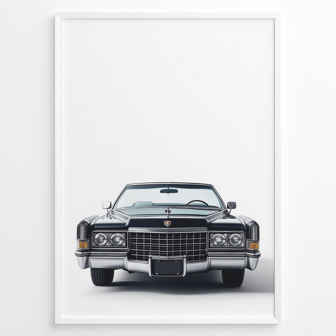 Front-facing illustration of a classic black vintage convertible car in a minimalist framed poster.