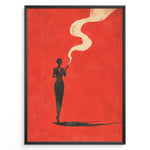 Indlæs billede til gallerivisning Minimalist poster showing a dark silhouette of a woman smoking with swirling smoke on a bold red background, framed as retro modern wall art.
