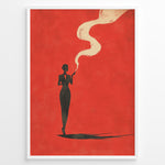 Indlæs billede til gallerivisning Minimalist poster showing a dark silhouette of a woman smoking with swirling smoke on a bold red background, framed as retro modern wall art.
