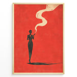 Indlæs billede til gallerivisning Minimalist poster showing a dark silhouette of a woman smoking with swirling smoke on a bold red background, framed as retro modern wall art.
