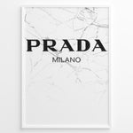Indlæs billede til gallerivisning Fashion Plakat | Prada Milano Logo on Marble – Minimalist Fashion Art Print Plakaty.dk | Minimalist poster featuring the Prada Milano logo in bold black text over a white marble background with fine gray veining.
