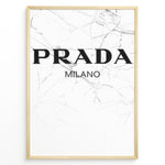 Indlæs billede til gallerivisning Fashion Plakat | Prada Milano Logo on Marble – Minimalist Fashion Art Print Plakaty.dk | Minimalist poster featuring the Prada Milano logo in bold black text over a white marble background with fine gray veining.
