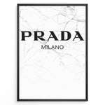 Indlæs billede til gallerivisning Fashion Plakat | Prada Milano Logo on Marble – Minimalist Fashion Art Print Plakaty.dk | Minimalist poster featuring the Prada Milano logo in bold black text over a white marble background with fine gray veining.
