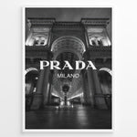 Indlæs billede til gallerivisning Fashion Plakat | Prada Milano at Galleria Vittorio Emanuele II – Black and White Fashion &amp; Architecture Photography Plakaty.dk | Black and white photo of the Prada Milano store at Galleria Vittorio Emanuele II in Milan, Italy, with grand architecture and night lighting
