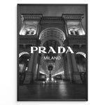 Indlæs billede til gallerivisning Fashion Plakat | Prada Milano at Galleria Vittorio Emanuele II – Black and White Fashion &amp; Architecture Photography Plakaty.dk | Black and white photo of the Prada Milano store at Galleria Vittorio Emanuele II in Milan, Italy, with grand architecture and night lighting
