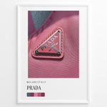 Indlæs billede til gallerivisning Fashion Plakat | Prada Pink Nylon Detail – Milan Fashion Poster Plakaty.dk | Close-up of Prada triangle logo on pink nylon fabric, highlighting Milanese fashion luxury in bold magenta tones.
