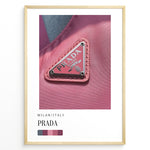 Indlæs billede til gallerivisning Fashion Plakat | Prada Pink Nylon Detail – Milan Fashion Poster Plakaty.dk | Close-up of Prada triangle logo on pink nylon fabric, highlighting Milanese fashion luxury in bold magenta tones.
