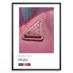 Indlæs billede til gallerivisning Fashion Plakat | Prada Pink Nylon Detail – Milan Fashion Poster Plakaty.dk | Close-up of Prada triangle logo on pink nylon fabric, highlighting Milanese fashion luxury in bold magenta tones.
