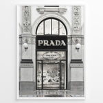 Indlæs billede til gallerivisning Fashion Plakat | Prada Storefront Wall Art – Italian Luxury Boutique Print Plakaty.dk | Black and white photo of the Prada Milano storefront with arched windows and detailed classical architecture.
