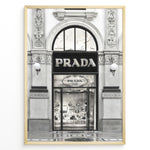 Indlæs billede til gallerivisning Fashion Plakat | Prada Storefront Wall Art – Italian Luxury Boutique Print Plakaty.dk | Black and white photo of the Prada Milano storefront with arched windows and detailed classical architecture.
