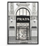 Indlæs billede til gallerivisning Fashion Plakat | Prada Storefront Wall Art – Italian Luxury Boutique Print Plakaty.dk | Black and white photo of the Prada Milano storefront with arched windows and detailed classical architecture.
