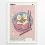 Indlæs billede til gallerivisning Japanske plakater | Illustrated poster of a bowl of ramen with eggs, pork, and scallions on a pink background with cherry blossom petals and chopsticks.
