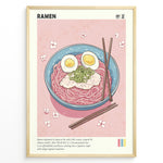 Indlæs billede til gallerivisning Japanske plakater | Illustrated poster of a bowl of ramen with eggs, pork, and scallions on a pink background with cherry blossom petals and chopsticks.
