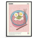 Indlæs billede til gallerivisning Japanske plakater | Illustrated poster of a bowl of ramen with eggs, pork, and scallions on a pink background with cherry blossom petals and chopsticks.
