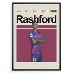 Indlæs billede til gallerivisning Marcus Rashford fodbold plakat i FC Barcelona trøje med armene over kors og stilrent baggrundsdesign i røde og blå nuancer.
