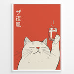 Indlæs billede til gallerivisning Retro Japanese-style poster of a smiling white cat raising a glass of drink against a red background with Japanese text, framed as cute modern wall art.
