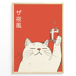 Indlæs billede til gallerivisning Retro Japanese-style poster of a smiling white cat raising a glass of drink against a red background with Japanese text, framed as cute modern wall art.
