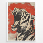 Indlæs billede til gallerivisning Plakater | Stylized illustration of a roaring tiger with an open mouth, black and cream colors on a textured red background, framed in black.
