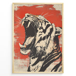 Indlæs billede til gallerivisning Plakater | Stylized illustration of a roaring tiger with an open mouth, black and cream colors on a textured red background, framed in black.

