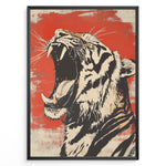 Indlæs billede til gallerivisning Plakater | Stylized illustration of a roaring tiger with an open mouth, black and cream colors on a textured red background, framed in black.
